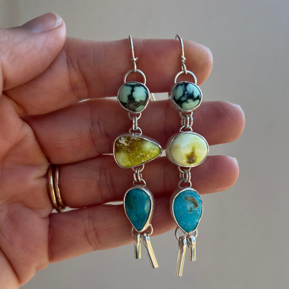 New Lander Variscite + Palomino Turquoise + Blue Ridge Turquoise + Sterling Silver Earrings