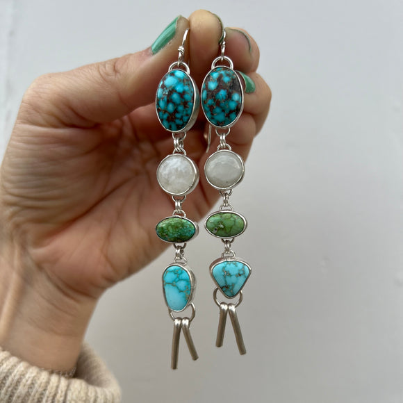 Kingman Turquoise + Moonstone + Sonoran Gold Turquoise + No. 8 Turquoise + Sterling Silver Earrings